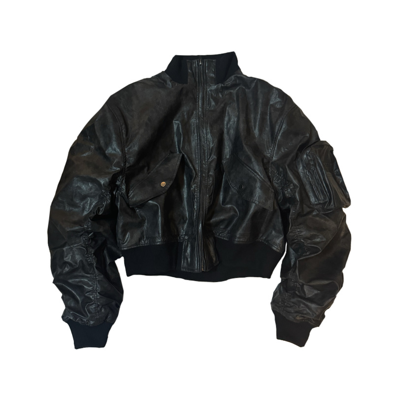 Urrrge Fw24 Retro Heavy-Duty Quilted Short Washed Vintage Bomber Jacket Bomber Leather Jacket