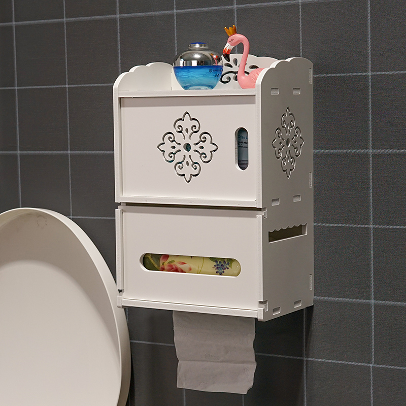 Tissue box Tissue holder Toilet bathroom wall-mounted perforated roll paper holder with storage rack Toilet paper pumping paper