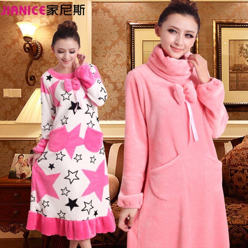 Sleeping Dress Lady Winter Long Version Long Sleeves Large Size Easy Pregnant Woman Long Skirt Princess Fall Coral Suede Sleeping Skirt can be worn outside