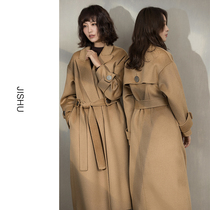 Double-sided cashmere water corrugated coat womens long 2021 autumn and winter New thick camel color waist woolen coat