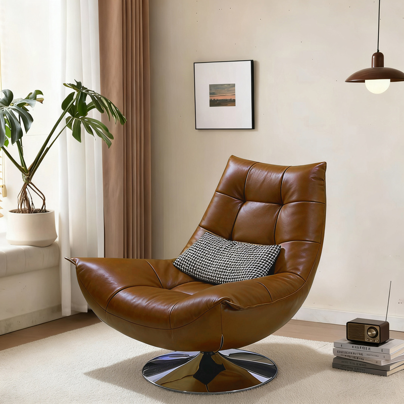 Italian-Style Living Room Leisure Chair, Light Luxury Balcony Designer Leather Swivel Eggshell Chair, Home Lounge Chair, Single Sofa Chair