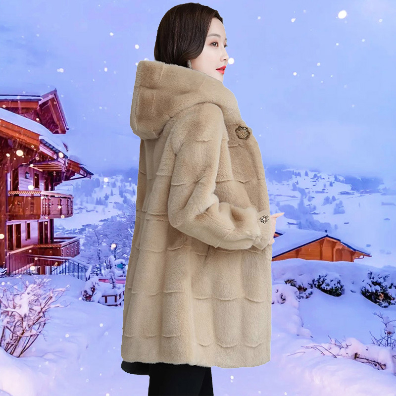 Haining Fur Mink Coat for Women, New Autumn and Winter Style, Full Mink Mid-Length Coat with Integrated Fur and Hood, Thickened
