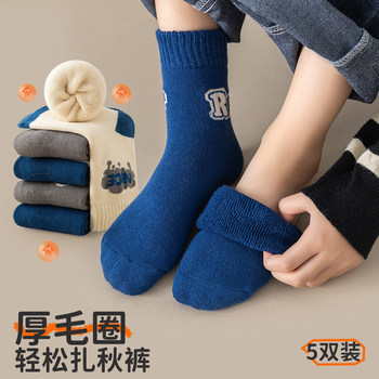 Boys' Socks 2025 New Winter Thickened Warm Pure Cotton Children's Mid-Calf Blue Boys' Long Terry Socks