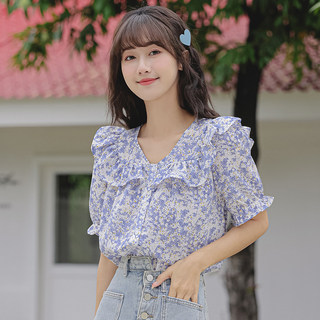 Camisa de gasa floral con cuello en v para mujer de manga corta dulce primavera 2025 nueva camisa con volantes súper hada top con mangas de trompeta