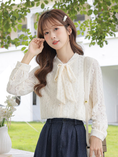 蝴蝶结蕾丝打底衫女长袖内搭2025早秋新款衬衫高级感别致漂亮上衣