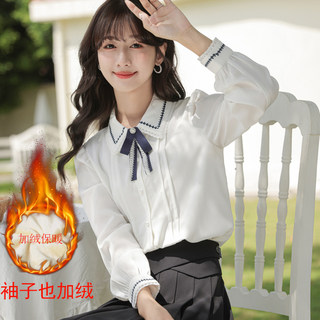 Camisa blanca de otoño e invierno para mujer, camisa de manga larga con lazo de encaje, camisa interior de gasa con cuello de muñeca, novedad de 2025