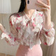V-Neck Floral Chiffon Blouse for Women, Long-Sleeved, Early Autumn 2025, Bow Tie Shirt, Stylish Ruffled Top with Bell Sleeves