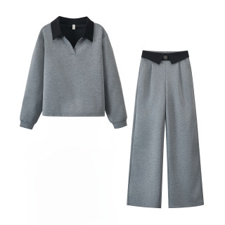 Traje gris para mujer otoño 2025 nuevo estilo polo collar de gama alta sudadera y pantalón conjunto de dos piezas con temperamento, colores versátiles y contrastantes