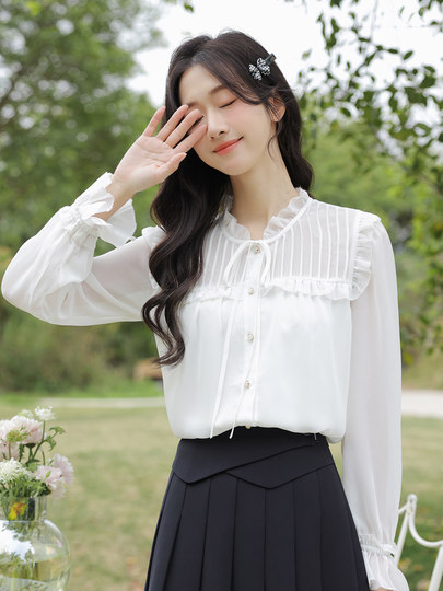 Camisa de gasa con lazo blanco para mujer, Súper Hada de manga larga, camisa nueva de principios de otoño, top reductor de edad a la moda, 2025