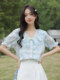 V-neck floral chiffon shirt women's short-sleeved 2025 summer new style ruffled shirt western style bow lace top