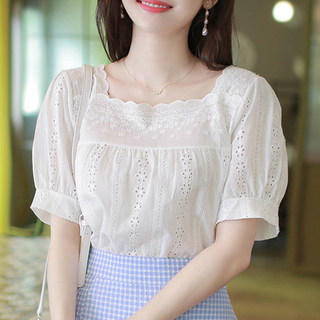 Camisa blanca de manga corta para mujer, novedad de verano 2024, top de encaje, camisa de manga abombada con cuello cuadrado súper hada y dulce para mujer