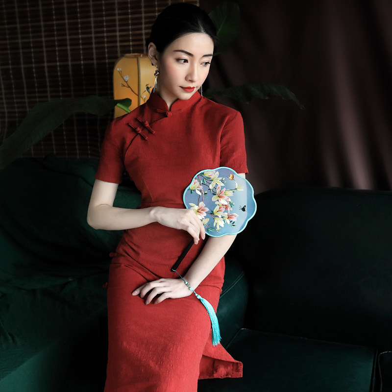 Old Shanghai cotton linen qipao spring 2020 new Republic of China National breeds color improvement qipao retro red girl foreign dress