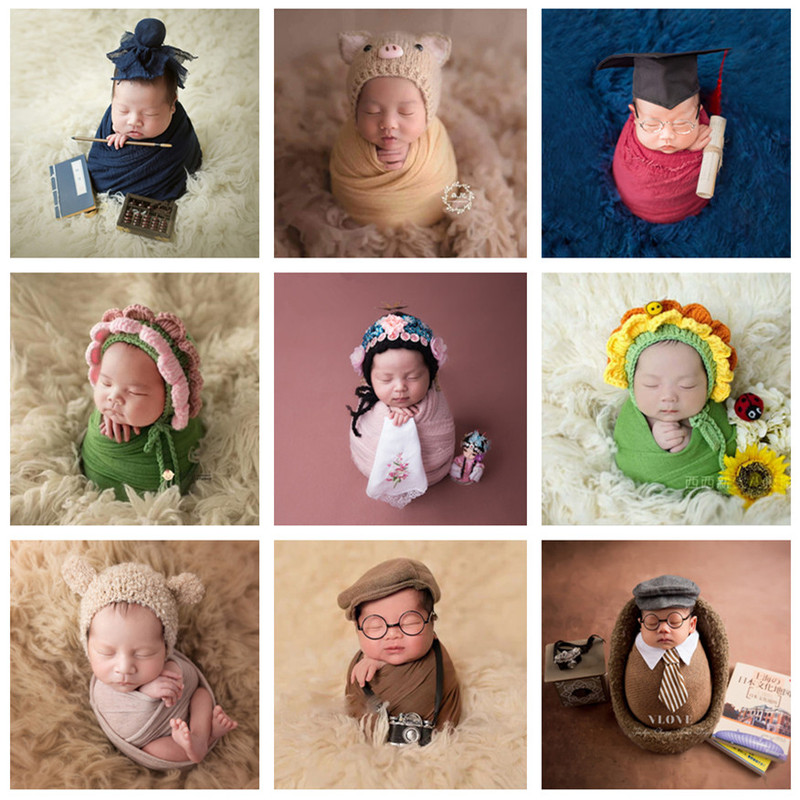 Newborn Photography Props Wrap Cloth Woolen Hat Studio Newborn Full-Month Baby Photo Shoot Handmade Floral Hat Props