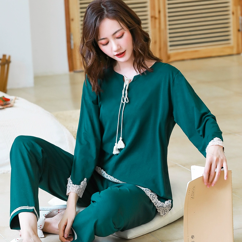 Bộ đồ ngủ của phụ nữ Huinazi mùa xuân và mùa thu dài tay hàng rào cotton rơi lỏng mỏng mặc nhà giản dị phù hợp - Giống cái