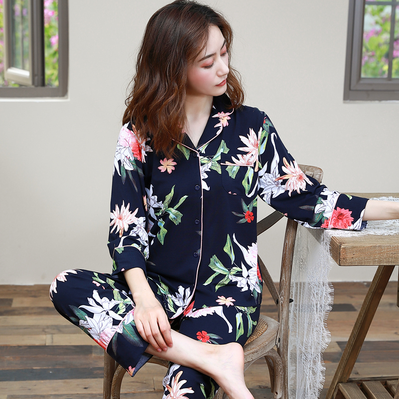 Whina Pose Pyjamas Woman Spring Autumn Style Pure Cotton Long Sleeve Open Cardiovert Loose large size Sizes Middle-aged Mom's Home Suit Suit