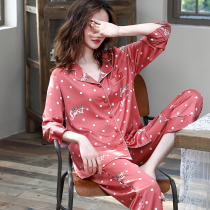 Fall Ice Silk Sleepwear Lady Spring Autumn Money Emulated Silk Polo Dot Long Sleeve Open-Shirt Thin-turned-collar Home Suits Suit