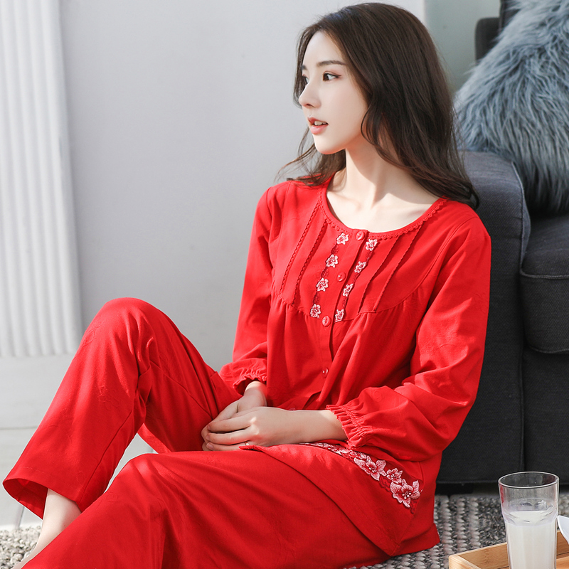 Whina Pose Red Pyjamas Woman Spring Autumn Season Cotton Long Sleeve Cardiovert Newlyweds Life Lace Home Suit Suit