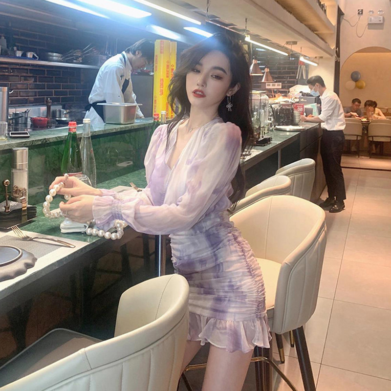 Famous Yuan gentle Wind dress Children Summer clothes Long sleeves Water ink Zum Dyeing Fairy Ocean Dress Do N't Make Lotus Leaf Side Bag Hip Short Skirt