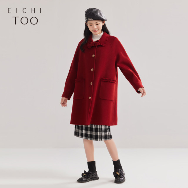 Bow mid-length double-sided woolen coat Aijutu