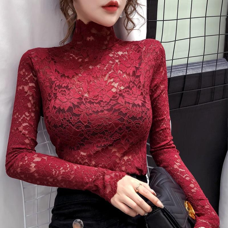 Red Turtleneck Lace Base Shirt for Women in Their Zodiac Year, 2026 Spring New Style, High-End, Slimming, Plus-Size Casual Top