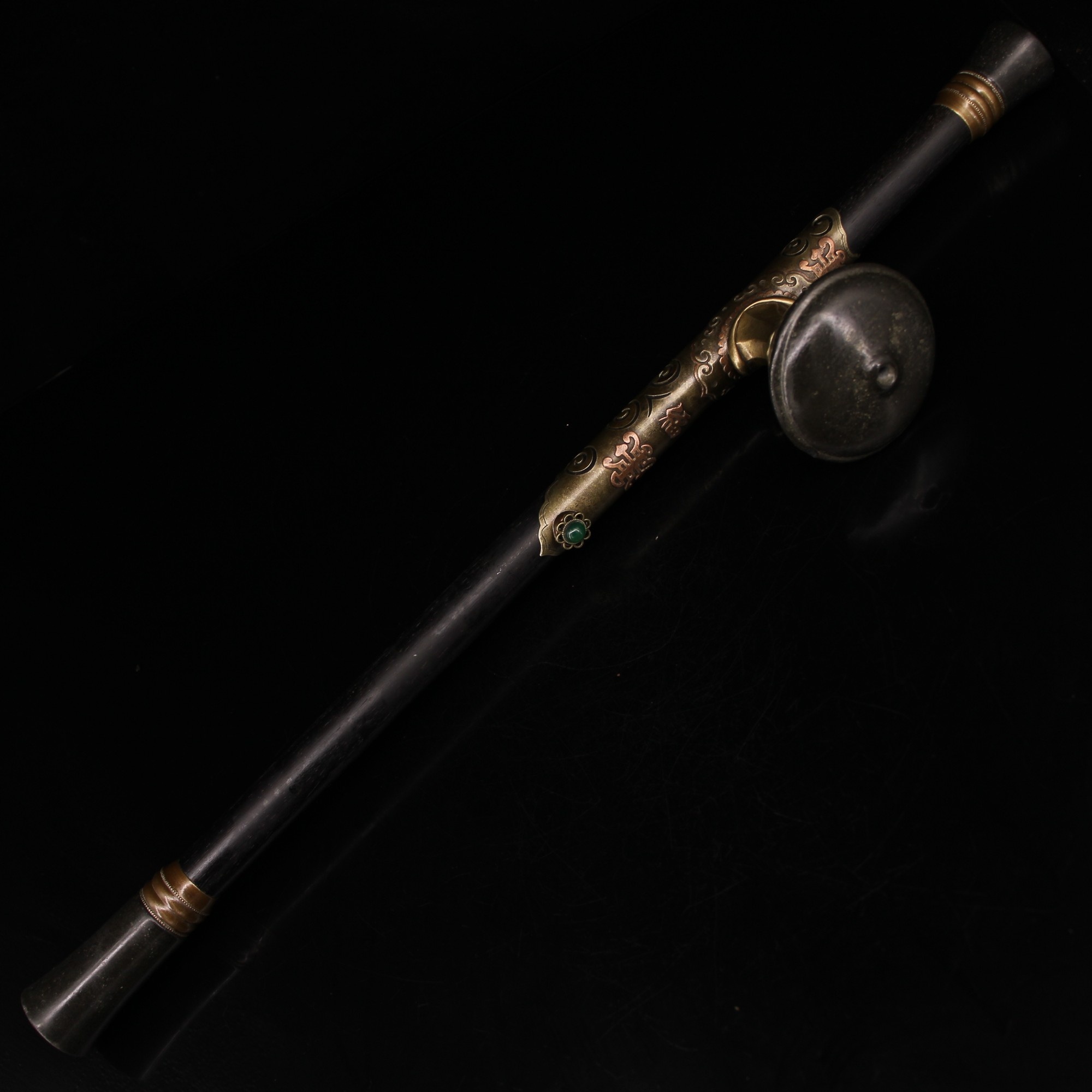 Ancient Play Miscellaneous Collection Wooden Ware Collection Treasured Black Sandalwood Clad Bronze Leather Inlaid Jewel Cigarette Holder