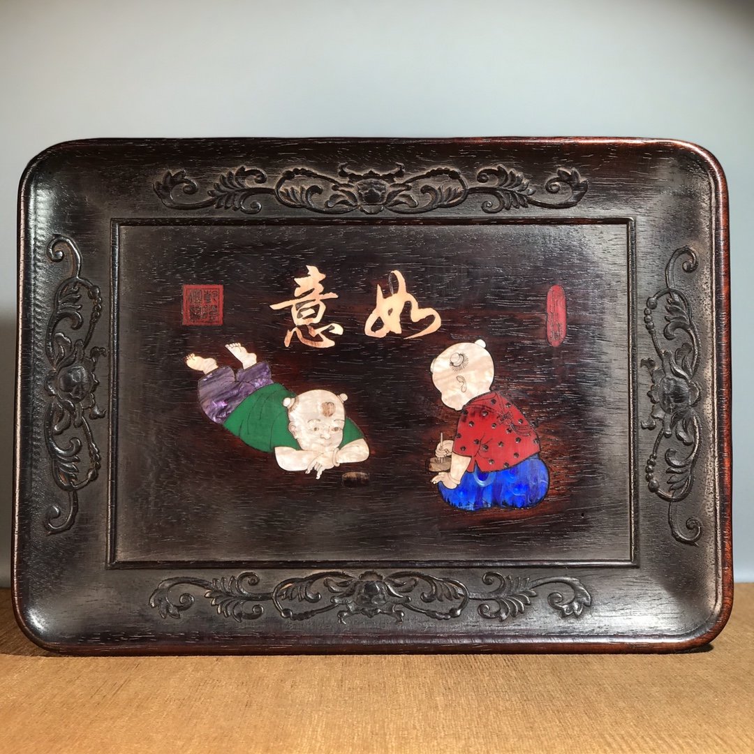 Antique Miscellaneous Collection Wood Collection Treasure Blood Sandalwood Inlaid Shell Ruyi Plate Tea Tray Ornaments