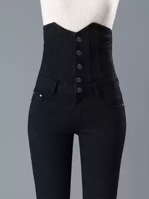 High-waisted jeans women thin 2021 Spring and Autumn new black velvet pants bullet force large size narrow foot pants trousers winter