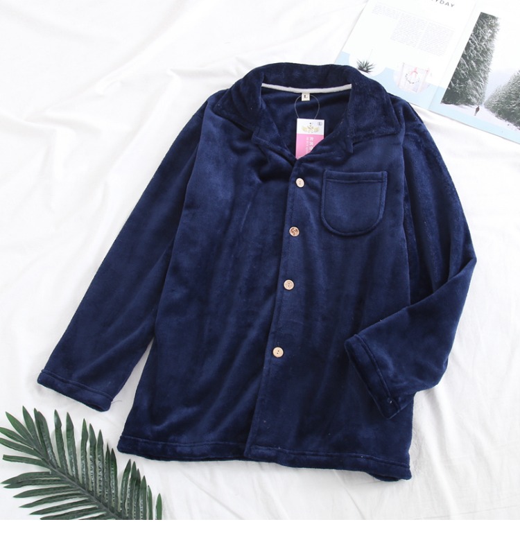Bộ đồ ngủ nam và nữ đôi nam thu đông đơn sắc áo flannel dày ấm áp dài tay áo len nhung san hô đồ bộ pijama