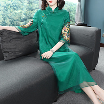 New Chinese style Tang suit Republic of China Hanfu loose retro literary elegant embroidery improved long cheongsam dress