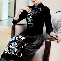Cheongsam modified dress womens temperament waist slim Chinese retro ethnic embroidery printed long skirt