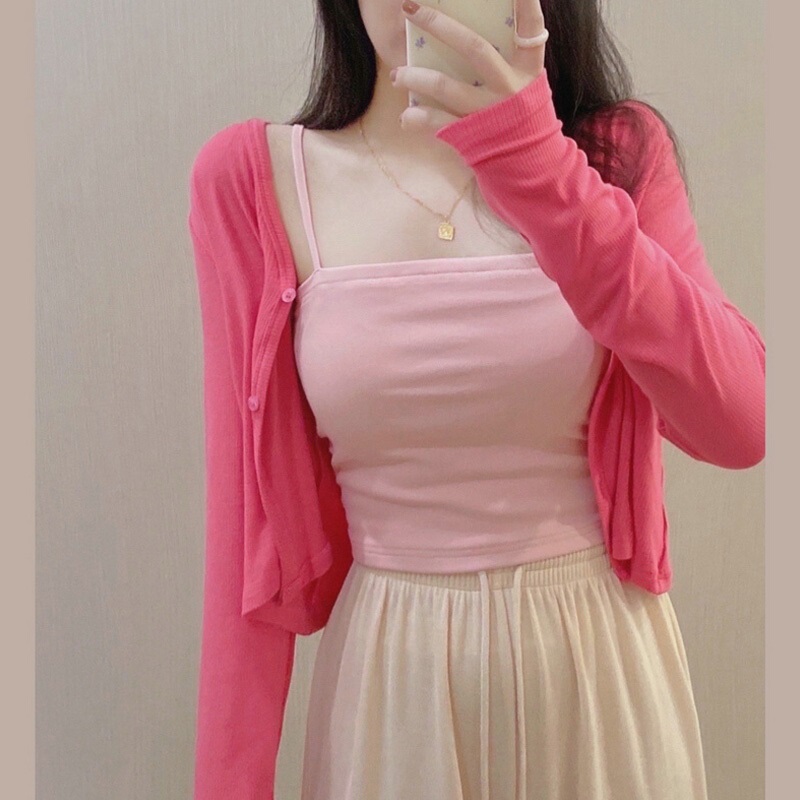 Pink Sun Protection Shawl Paired with a Slip Dress and a Cardigan for Women, Summer Knitted Cardigan, French-Style Small Jacket