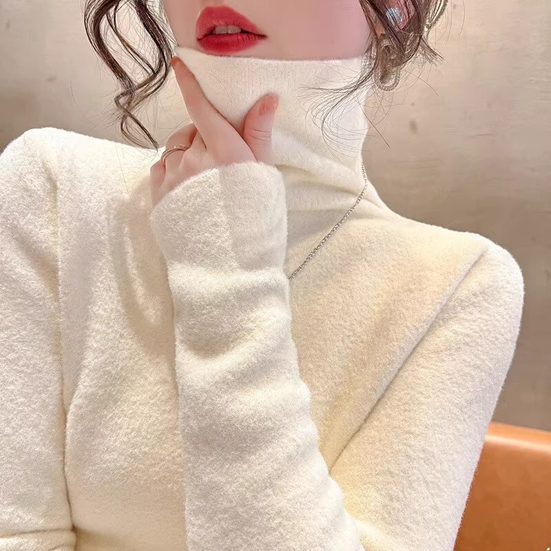 Fleece-Lined Thick Turtleneck Base Shirt for Women, Stylish Autumn and Winter New Style, Ultra-Thick Warm High-Neck Sweater for Northeast