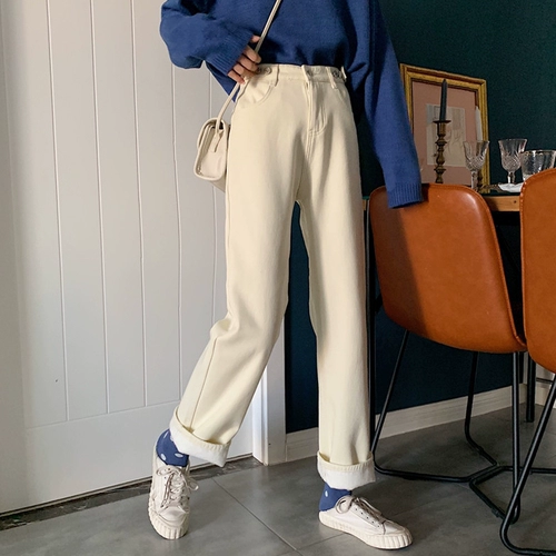 Демисезонные флисовые джинсы с начесом, штаны, 2019, в корейском стиле, высокая талия, оверсайз, свободный прямой крой