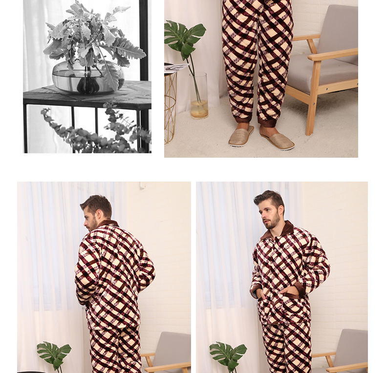 Hàng ngày đặc biệt nam đồ ngủ mùa đông dày ba lớp phù hợp với flannel ấm áp lông cừu dịch vụ nhà bông bộ pijama