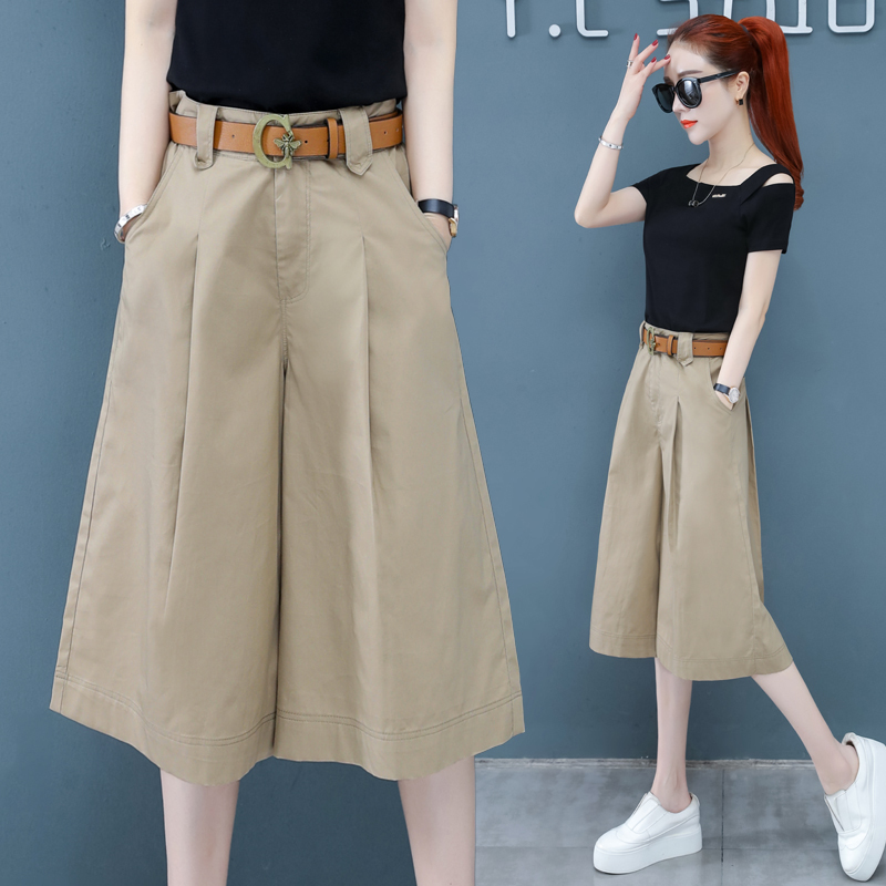 Women's Cropped Wide-Leg Pants 2026 Summer New Style Petite High-Waisted Casual Mid-Length Pants Pure Cotton Thin Six-Point Skirt Pants
