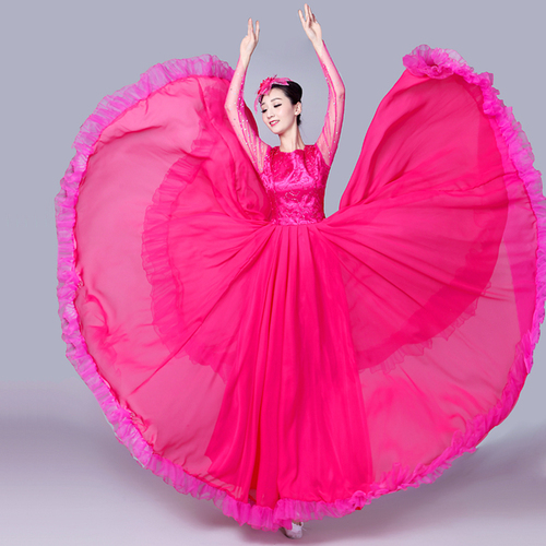 Hot pink flamenco dresses for women ballroom dress Opening dance big skirt chorus performance dress spanish bull dance dresses for female