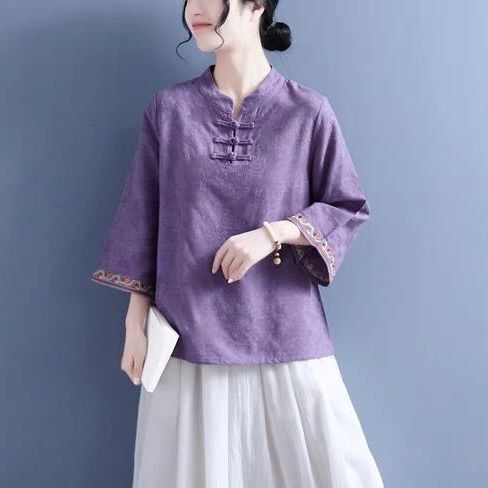 New Chinese Style Retro Cotton and Linen Embroidered Bell-Sleeve Artistic Button-Up Shirt Loose-Fitting Mother's Top Zen Clothing Tea Art