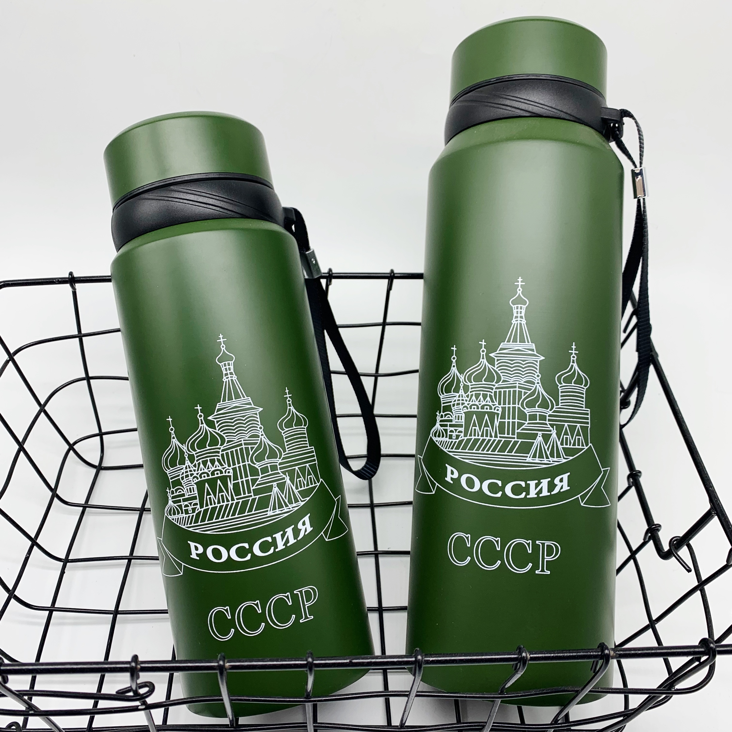 Russian insulated cup 304 vacuum stainless steel green multiman pattern coarse pot outdoor insulation 800 ml