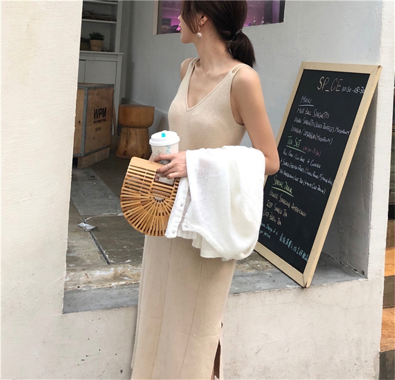 2020 early autumn new chic wind V-neck suspender split knitted dress base sleeveless vest long dress women's clothing