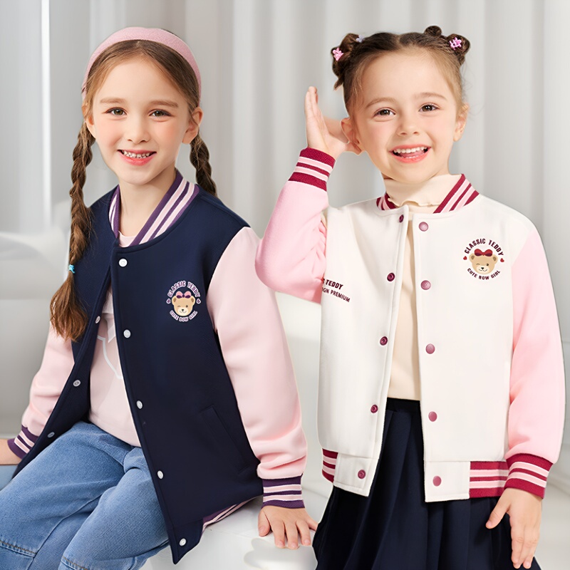 Classic Teddy Brand Girls' Jacket, Spring and Autumn Children's Baseball Jacket, Stylish Baby Fashionable Sports Outerwear Cardigan