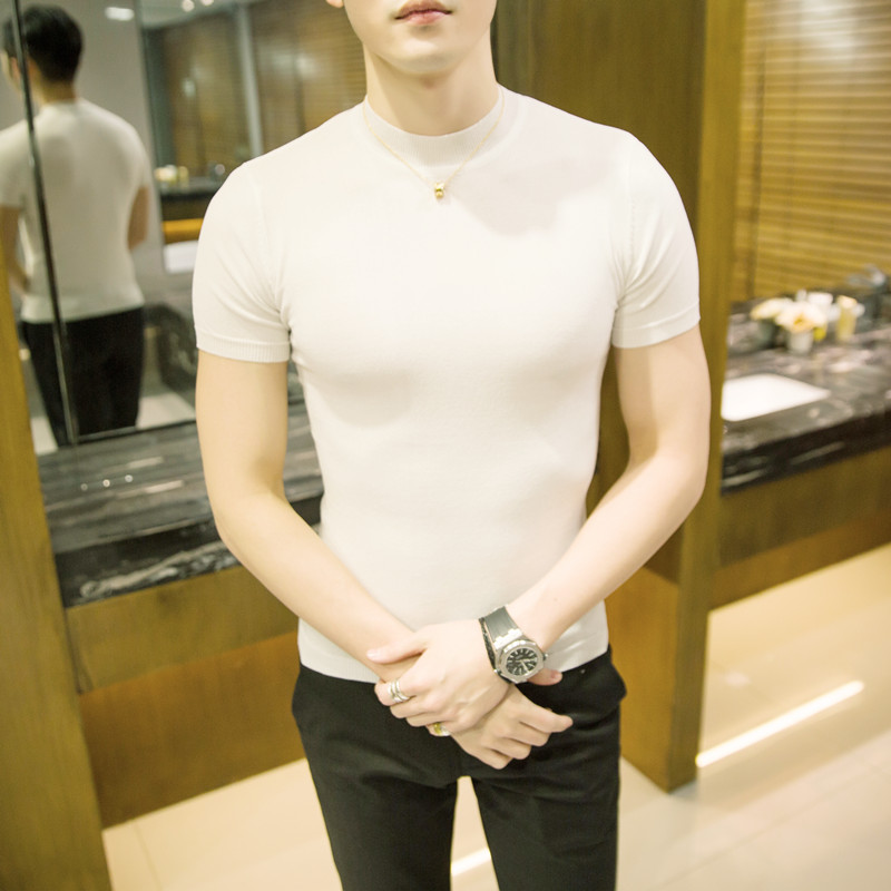 Mùa xuân và mùa hè của nam giới áo len mỏng áo len ngắn tay triều của nam giới T-Shirt Hàn Quốc phiên bản của chặt chẽ-phù hợp nửa cao cổ áo băng lụa đáy áo áo thun nam