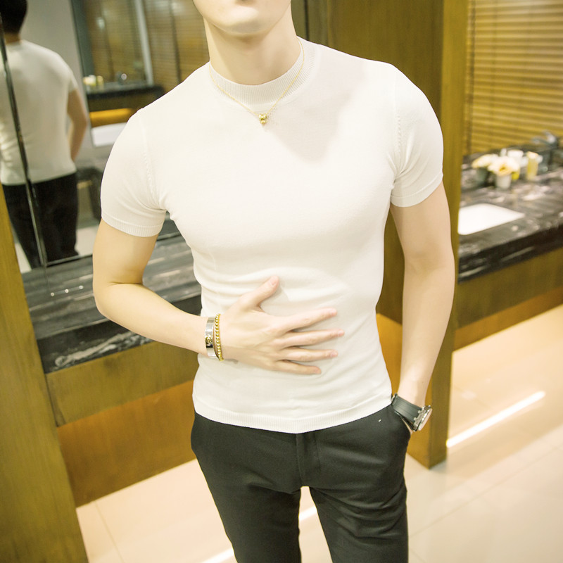 Mùa xuân và mùa hè của nam giới áo len mỏng áo len ngắn tay triều của nam giới T-Shirt Hàn Quốc phiên bản của chặt chẽ-phù hợp nửa cao cổ áo băng lụa đáy áo áo thun nam