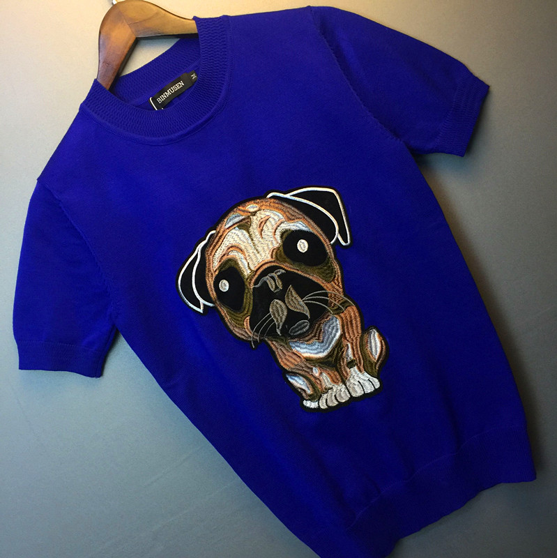 Nam ngắn tay t-shirt những người yêu thích mùa hè mỏng áo len nam vòng cổ puppy thêu sinh viên Hàn Quốc phiên bản của áo len thoáng khí