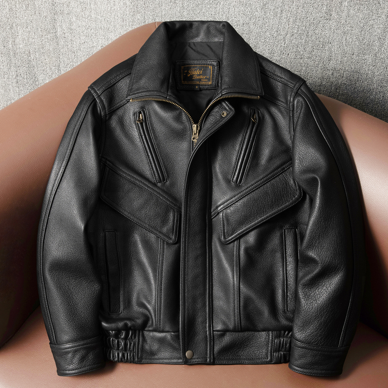 Hong Kong Style Flight Suit First-Layer Goatskin Genuine Leather Jacket Men's Short Large Size Genuine Leather Jacket Spring and Autumn Short Coat Hong Kong Style Flight Suit First-Layer Goatskin Genuine Leather Jacket Men's Short Large Size Genuine Leather Jacket Spring and Autumn Short Coat