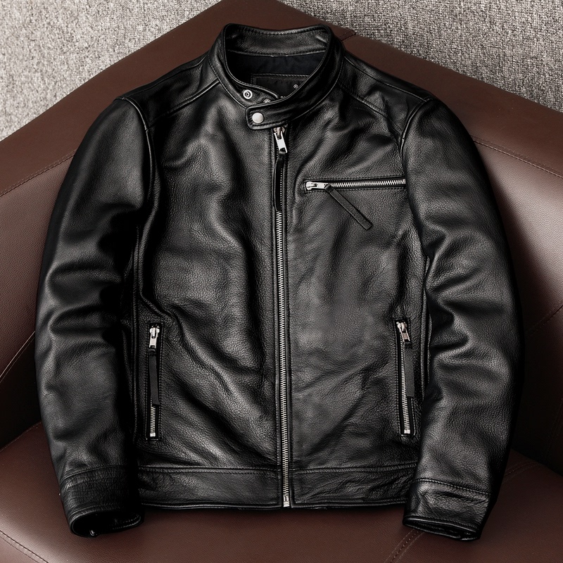 Special Offer Clearance New Trendy Genuine First Layer Soft Cowhide Leather Jacket for Men Slim Fit Stand Collar Leather Jacket Coat