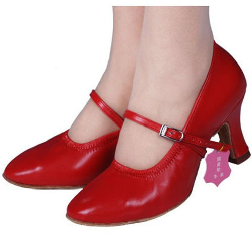 Betty Foxtrot Quickstep Ballroom Red Dance Shoes Women's Tango Modern National Standard Soft Leather Cowhide Mid-High Heel 7C