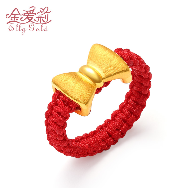 3D Hard Gold Bow Knot Transfer Beads Red Rope Ring Ring 999 Pure Gold Personality Jewelry Gold Ring Female Gift
