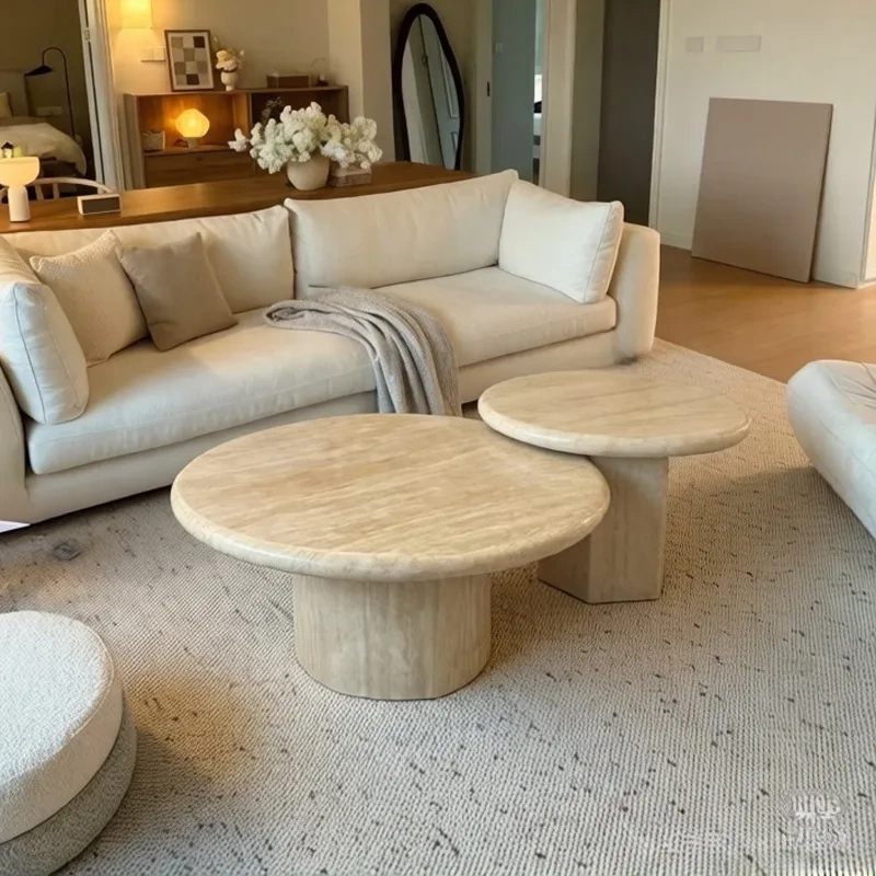 French-Style Minimalist Marble Round Combination Coffee Table, Vintage Living Room, Small Apartment, High-End Faux Travertine Coffee Table