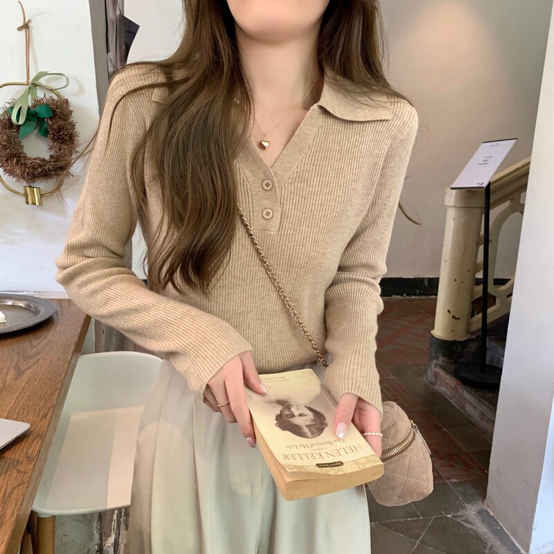 2026 New Autumn and Winter Polo Collar Button-Up Top, Elegant Solid Color Knitted Base Shirt, Long-Sleeve Versatile Sweater for Women 2026 New Autumn and Winter Polo Collar Button-Up Top, Elegant Solid Color Knitted Base Shirt, Long-Sleeve Versatile Sweater for Women