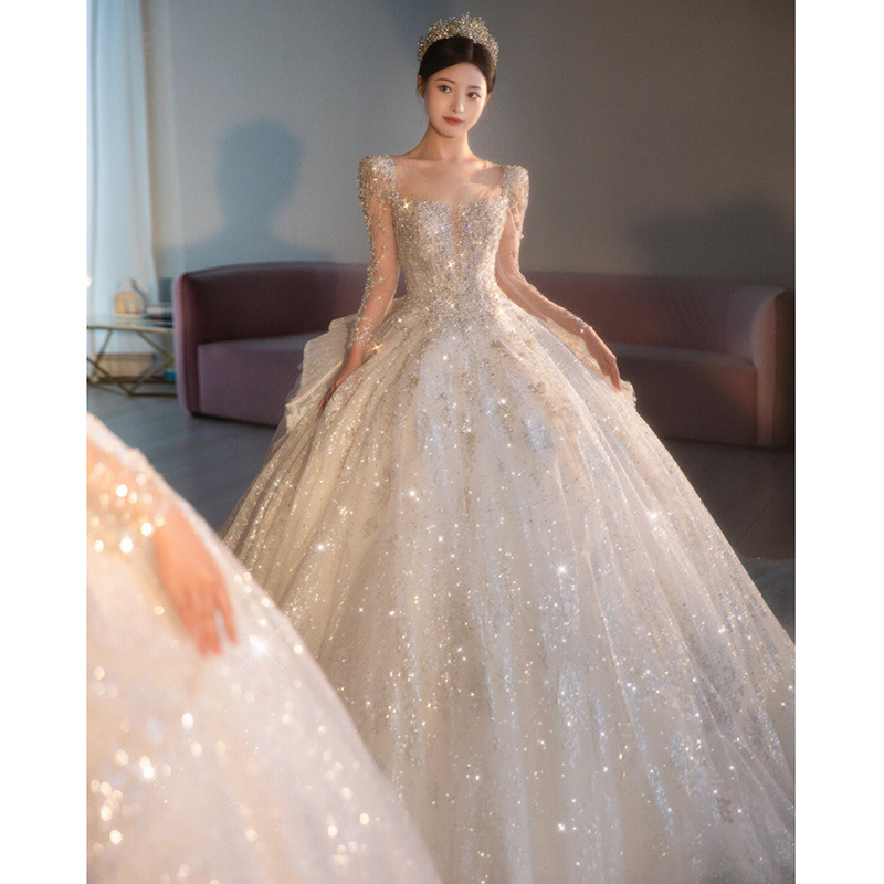 Long-Sleeved Light Wedding Dress for Brides 2026 New Style Main Gown Heavy Craftsmanship French Style Plus Size Petite High-End Texture Vintage Train Long-Sleeved Light Wedding Dress for Brides 2026 New Style Main Gown Heavy Craftsmanship French Style Plus Size Petite High-End Texture Vintage Train